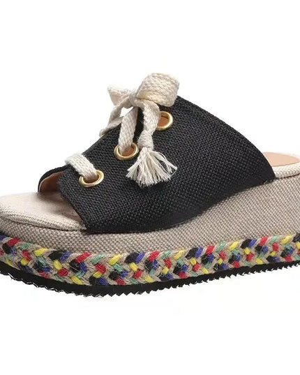 Fish Mouth Linen Platform Sandals for Beach Wear