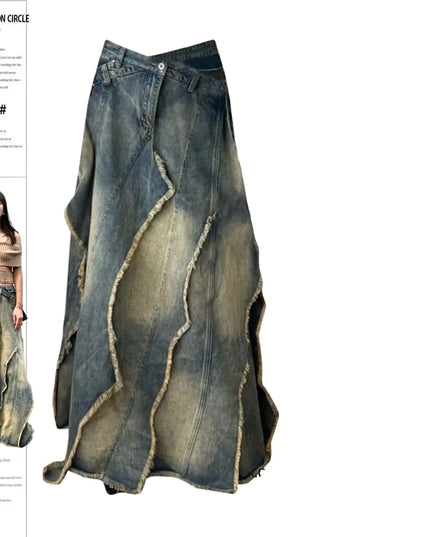 Plus Size Retro Y2K Irregular Denim Long Skirt for Women