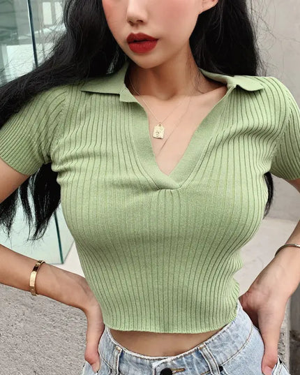 Summer Retro V-Neck Knit Polo Shirt for Women