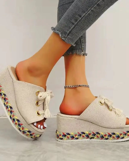 Fish Mouth Linen Platform Sandals for Beach Wear