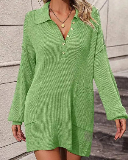 Solid Color Polo Collar Button Knitted Dress