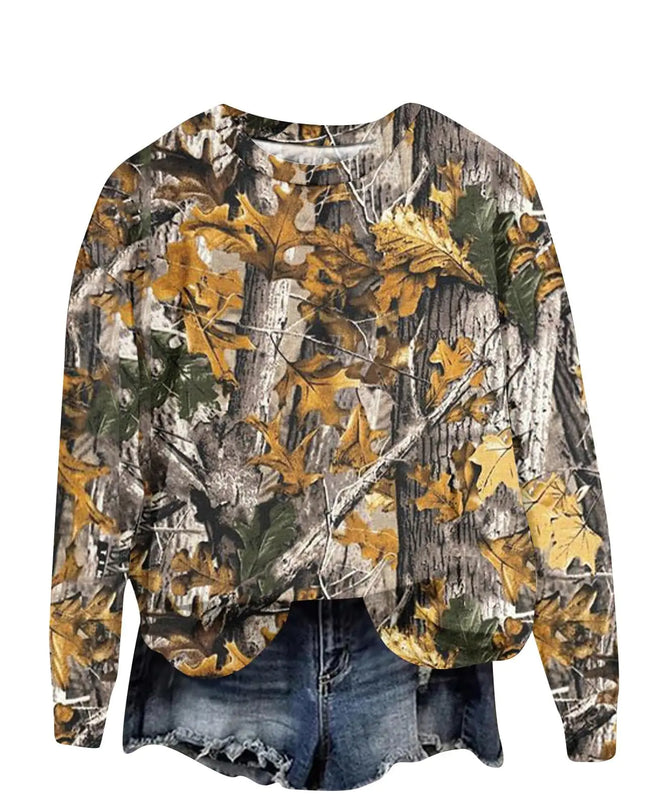 Womens Camo Sweatshirt Maple-Leaf Print Camo Crewneck Sweatshirts Long Sleeve Oversized Sweater Pullover Casual Tops