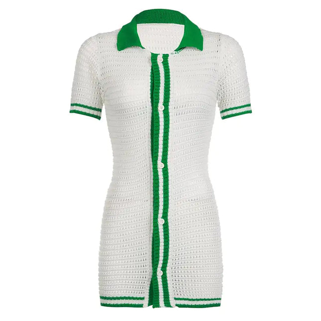 Contrast Color Polo Collar Short Sleeve Shirt Dress