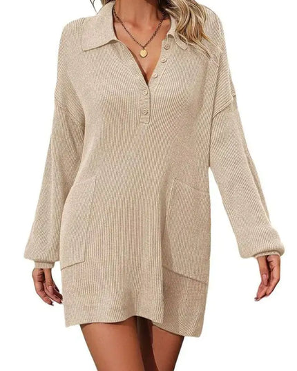Solid Color Polo Collar Button Knitted Dress
