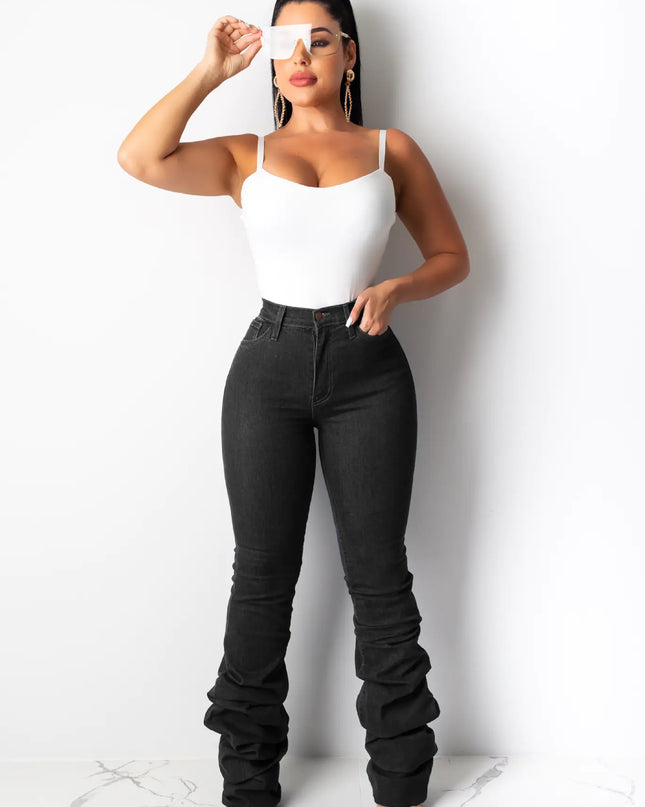 Stacked Denim Jeans, Long Denim Pants, Flared Denim Pants