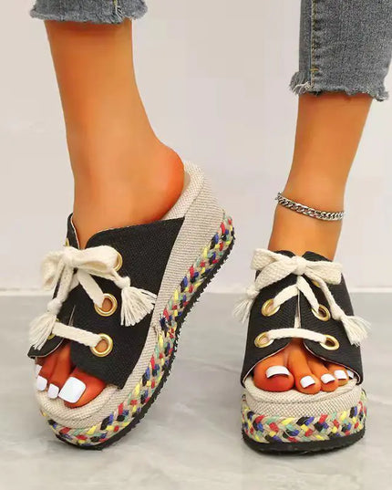 Fish Mouth Linen Platform Sandals for Beach Wear