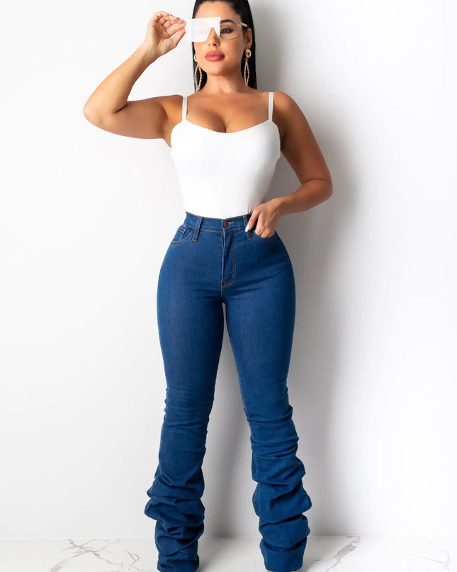 Stacked Denim Jeans, Long Denim Pants, Flared Denim Pants