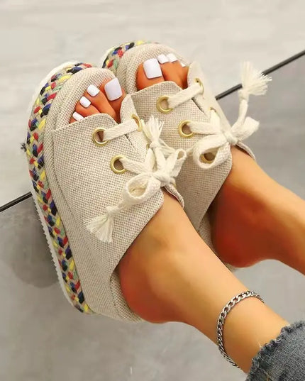 Fish Mouth Linen Platform Sandals for Beach Wear