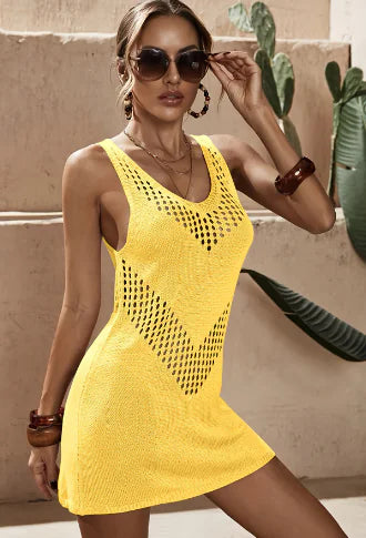Yellow Semi Sheer V Neck Backless Summer Dress (One Piece)