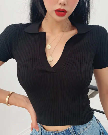 Summer Retro V-Neck Knit Polo Shirt for Women