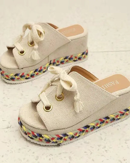 Fish Mouth Linen Platform Sandals for Beach Wear