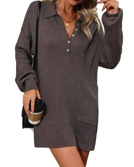 Solid Color Polo Collar Button Knitted Dress
