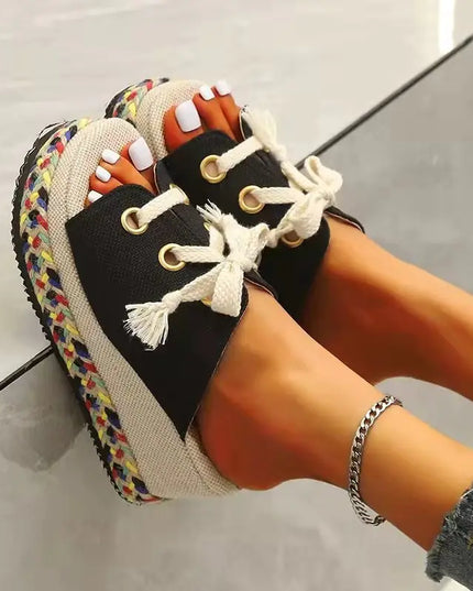 Fish Mouth Linen Platform Sandals for Beach Wear